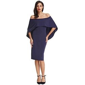 Grace Karin L Off Shoulder Batwing Cape Knee Length Dress Blue Cocktail Party